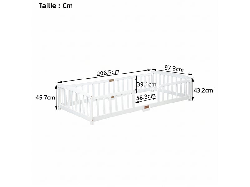  Lit enfant 90x200 cm avec barrières de sécurité blanc pin massif entrée centrale sommier bas Sol Morn - Conforama C