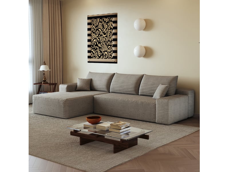 Canapé d'angle modulaire 3 places camel en velours côtelé, 270 x 175 x 83 cm - Conforama D
