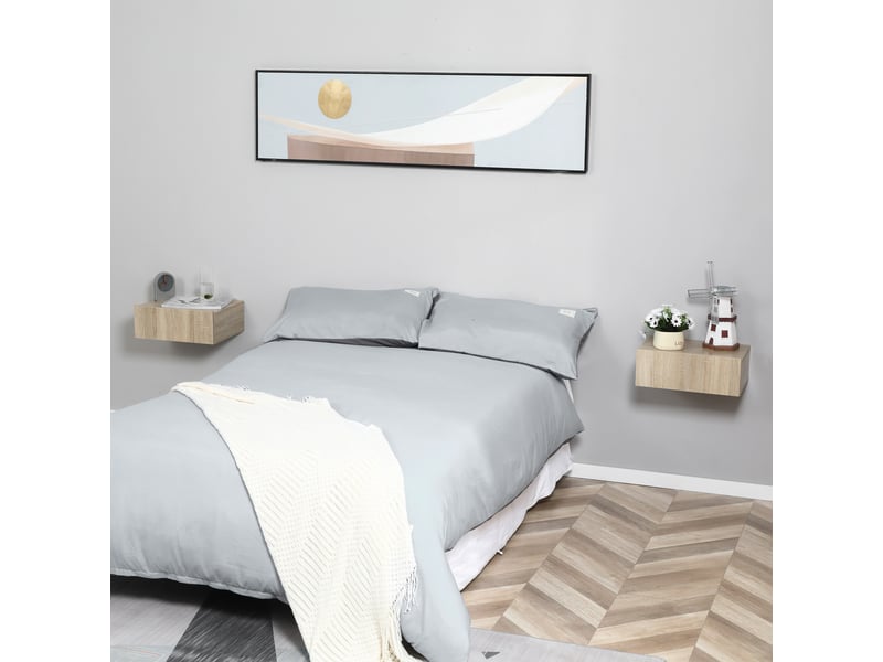  Ensemble de 2 tables de chevet suspendues avec 1 tiroir, fixation murale, style moderne, 40 x 30 x 15 cm, naturel  - Conforama C