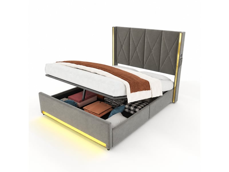  Lit coffre en velours 160 x 200 cm, gris foncé, tête de lit capitonnée, rangement hydraulique, ports usb type-c et led  - Conforama A