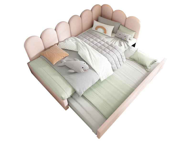  Lit banquette enfant 90x200 cm avec lit gigogne 90x190 cm-sommier à lattes en velours-design rembourré-rose  - Conforama A