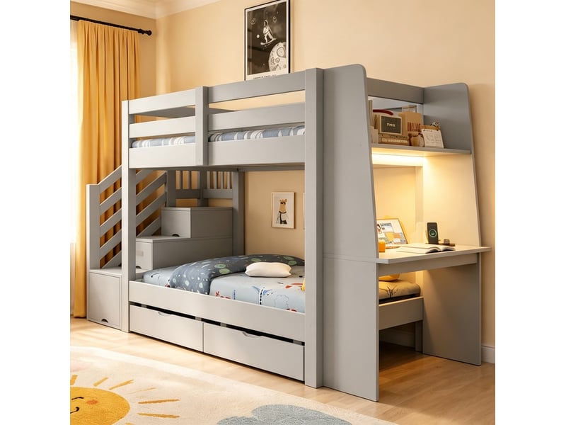 Lit superposé enfant 90x200 cm avec bureau, led et rangements gris - Conforama D