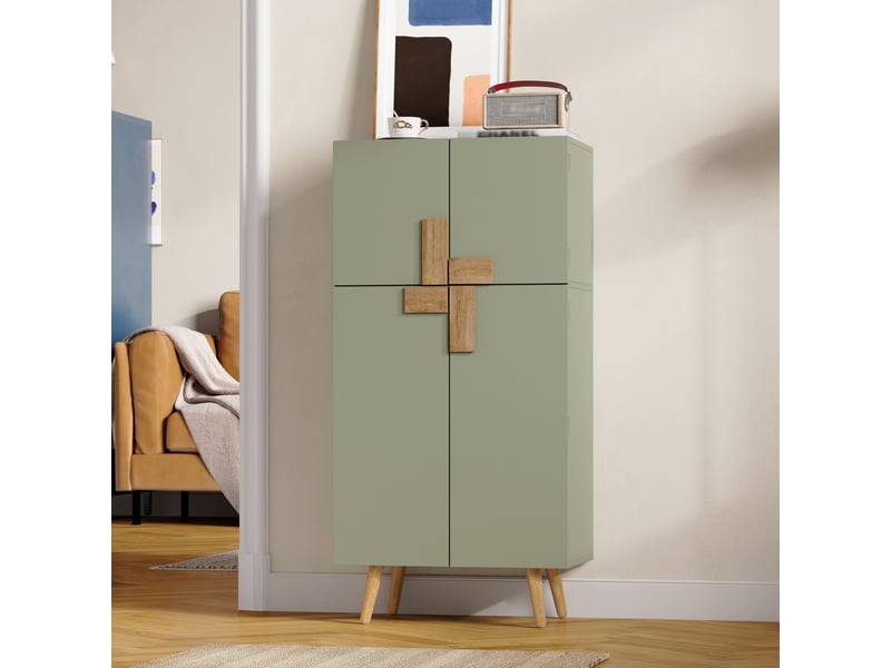 Armoire haute de cuisine 60x35x120 cm avec 4 portes, grand rangement, étagères réglables, rangements de porte, façades géométriques, mdf vert - Conforama B