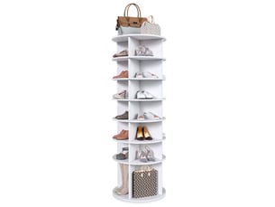 Tour à chaussures pivotante 60 x 60 x 184 cm blanche en pvc, sur pied, 7 niveaux pour 28 paires