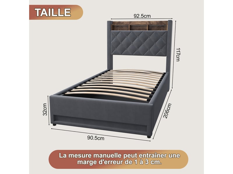  Lit coffre lit simple avec usb et led réglable, couchage 90 x 190 cm, sans matelas, gris  - Conforama D