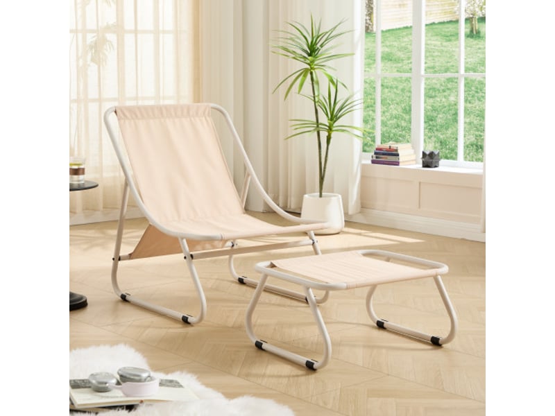 Fauteuil lounge d’extérieur avec repose-pieds, chaise inclinable confortable avec coussin épais, idéal pour salon, chambre et espace de lecture, structure beige avec coussin beige - Conforama R