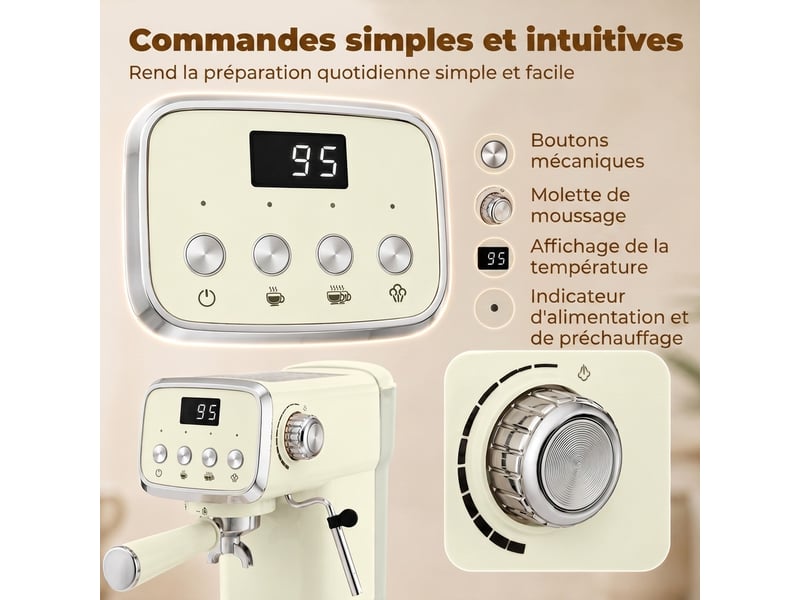  Machine à expresso avec buse vapeur à mousse de lait, cafetière 20bars, réservoir d'eau amovible 1,2 l, crème  - Conforama R