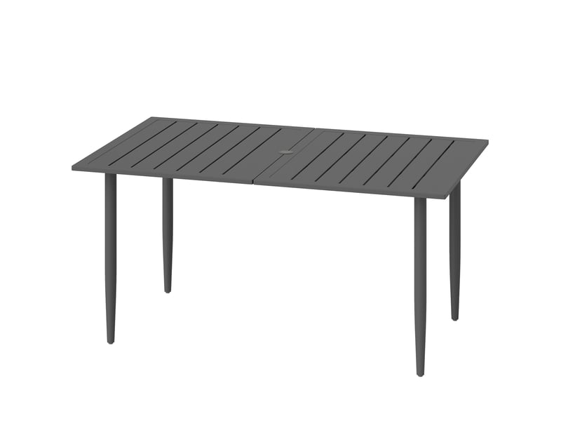 Table de jardin 150 x 90 cm, table de balcon résistante aux intempéries en acier, avec trou pour parasol, noire - Conforama B