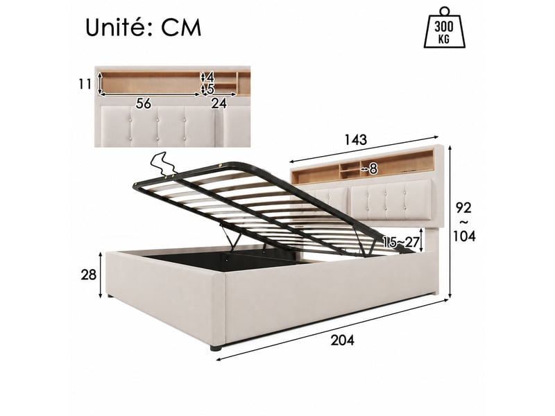  Lit coffre rembourré avec matelas 7 zones, prises usb et type-c, beige 140x200  - Conforama C