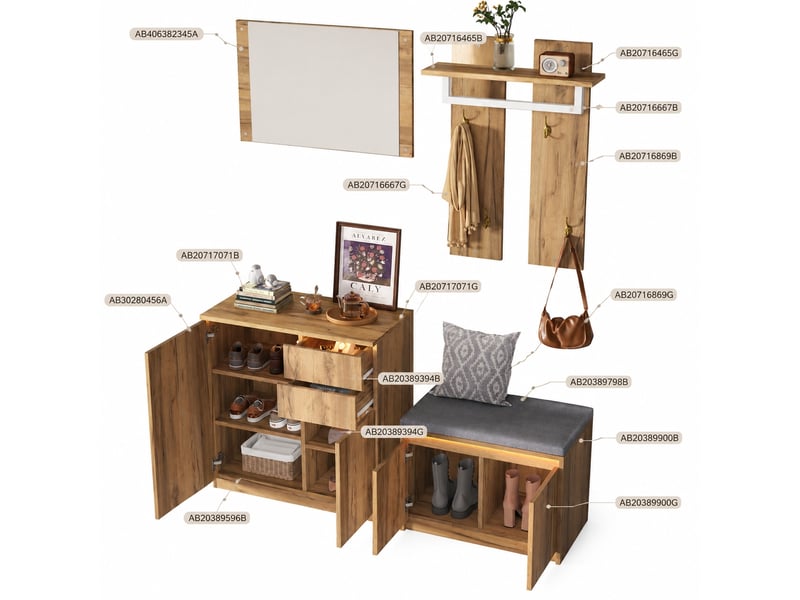  Ensemble meuble d'entrée 130x35x124,5 cm avec miroir, éclairage led et rangements  - Conforama A