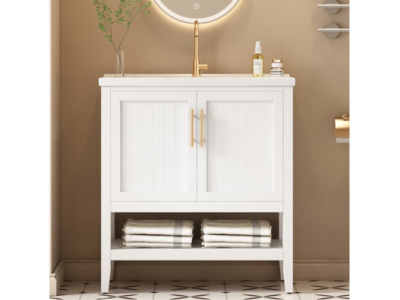 Meuble sous vasque blanc avec lavabo en céramique, 2 portes, niche ouverte et patins antidérapants pour salle de bain en mdf 80 cm  - Conforama B