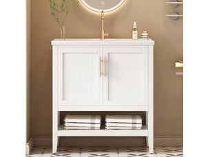 Meuble sous vasque blanc avec lavabo en céramique, 2 portes, niche ouverte et patins antidérapants pour salle de bain en mdf 80 cm