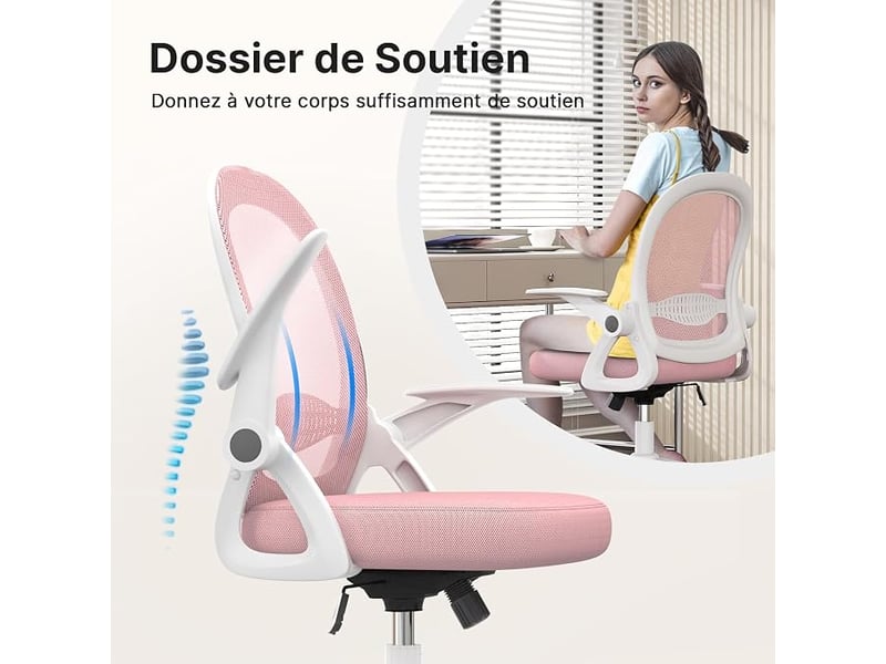 Chaise de bureau avec accoudoir relevable, fauteuil de bureau avec soutien lombaire, siège bureau avec dossier moyen de 45 cm (sans repose-pieds ni appuie-tête, rose)  - Conforama D