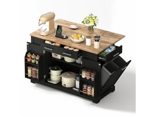 Îlot de cuisine 138 cm noir et aspect bois avec plan de travail rabattable, roulettes et prise électrique intégrée