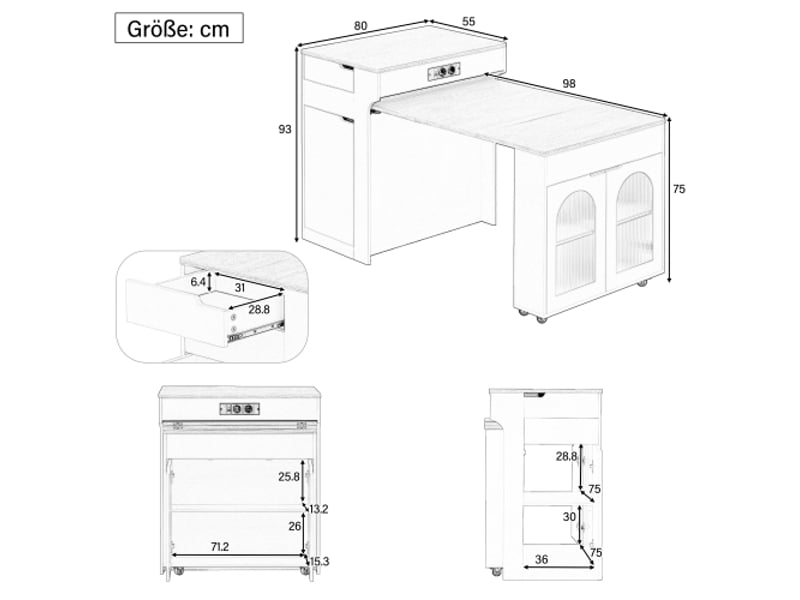 Îlot de cuisine avec table extensible et multiprise – verre strié, bahut à 2 tiroirs – îlotbarmeuble naturel - Conforama C