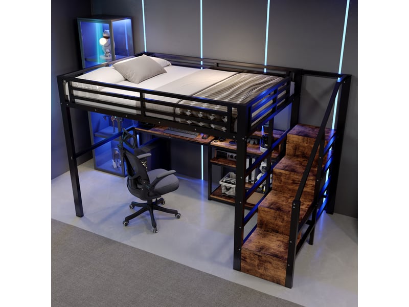 Lit mezzanine 140x200 cm, structure en métal et bois, coloris noir, rangements intégrés, éclairage led, ports usb et usb-c, échelle fixe, garde-corps - Conforama D
