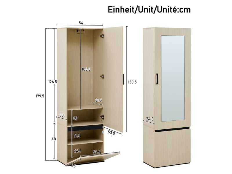  Meuble d'entrée étroite avec miroir - 54x34.5x179.5cm - meuble vestiaire avec tringle extensible - bois  - Conforama E