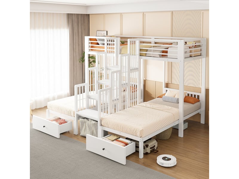  Lit superposé en métal, 90 x 200 cm, escalier central, barrières de sécurité, tiroirs et construction robuste en acier, finition blanche  - Conforama D