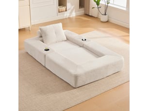 Canapé convertible 2 places en velours côtelé beige avec tiroir intégré et accoudoirs amovibles