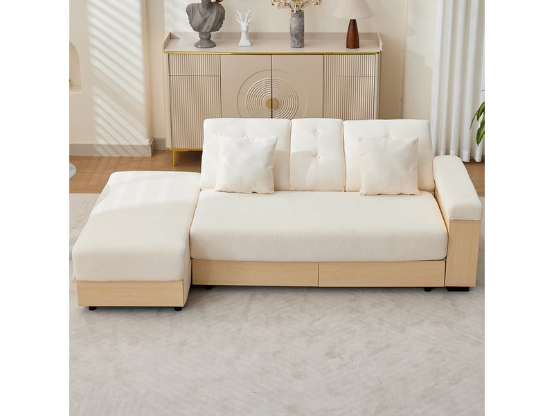  Canapé convertible 3 places beige en tissu chenille, dossier réglable, rangements et porte-gobelet, 217 cm pour salon  - Conforama R