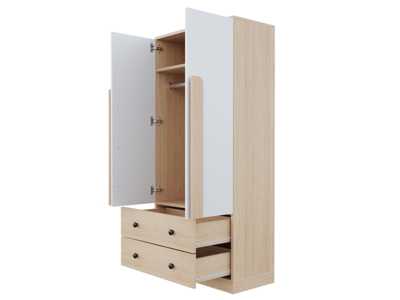 Armoire 70x40x170 cm bois naturel et blanc, 2 portes, tiroirs et étagères de rangement - Conforama D