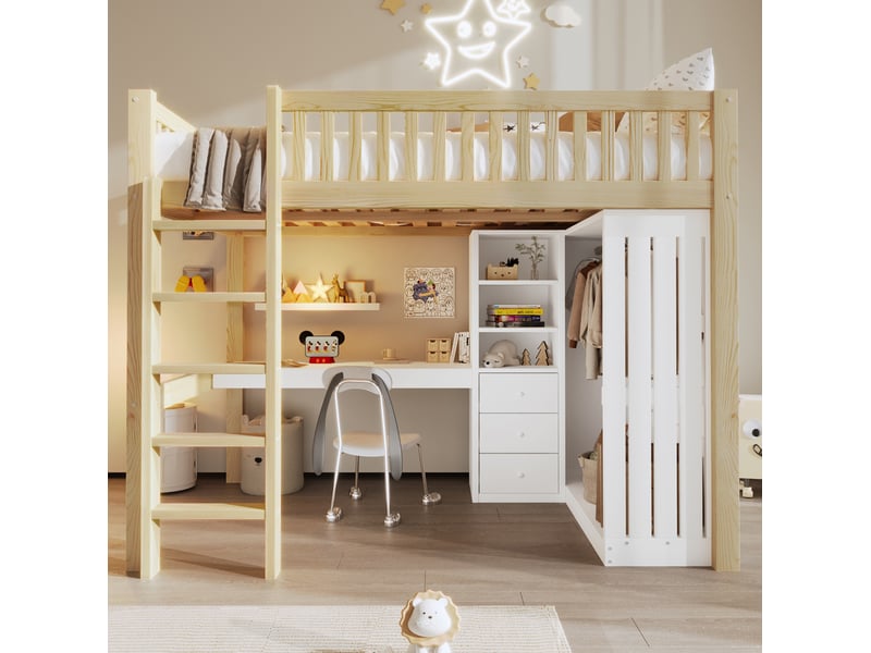  Lit mezzanine 140x200 cm avec bureau et rangement, armoire et tiroirs, blanc et naturel  - Conforama E