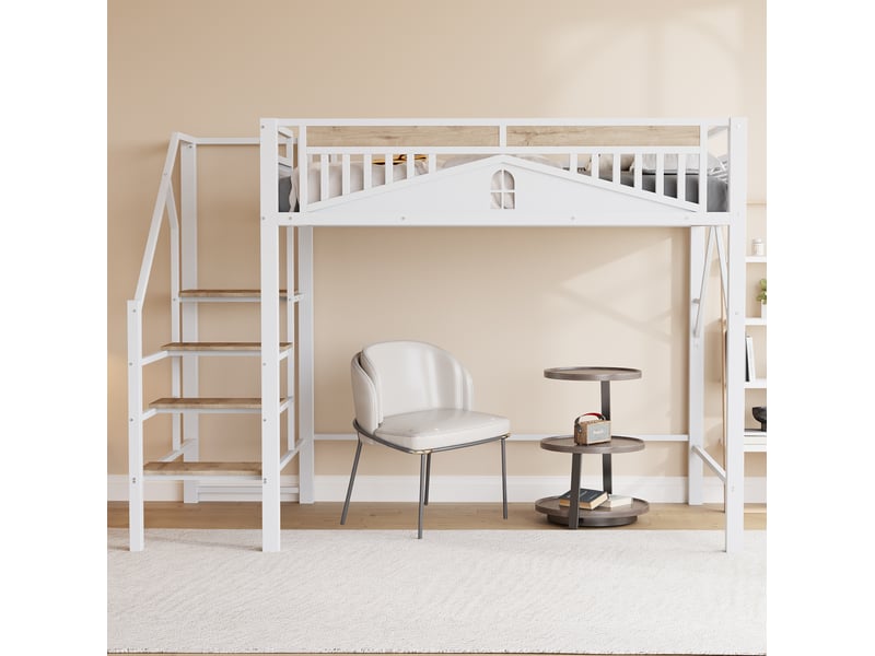  Lit mezzanine blanc 140 x 200 cm en métal avec échelle sécurisée et espace sous le lit  - Conforama D