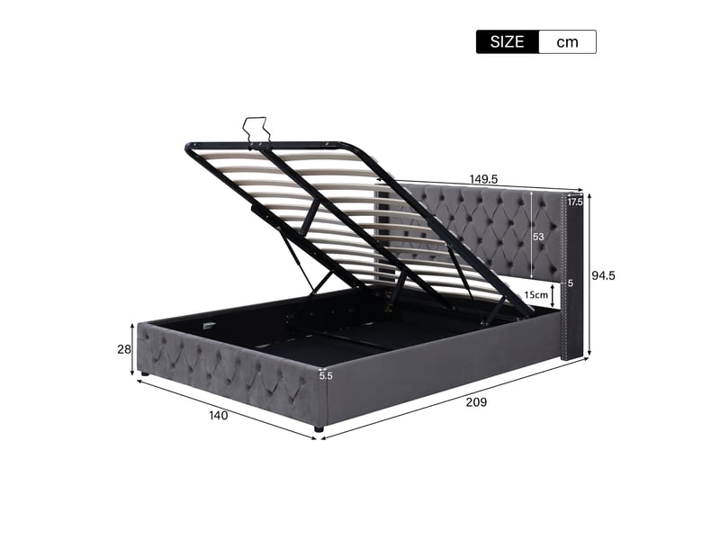  Lit coffre hydraulique 140x200 cm en velours, tête de lit capitonnée à oreilles, rangement sous lit, sommier à lattes – gris (sans matelas)  - Conforama D
