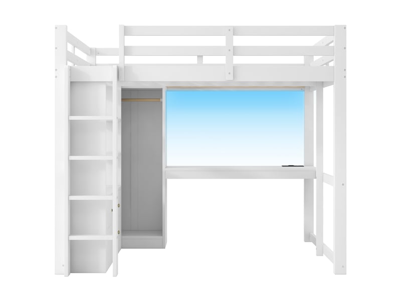 Lit mezzanine 140x200 cm blanc, avec bureau, 2 tiroirs, étagères, penderie, led, usb, sommier inclus, sans matelas - Conforama D