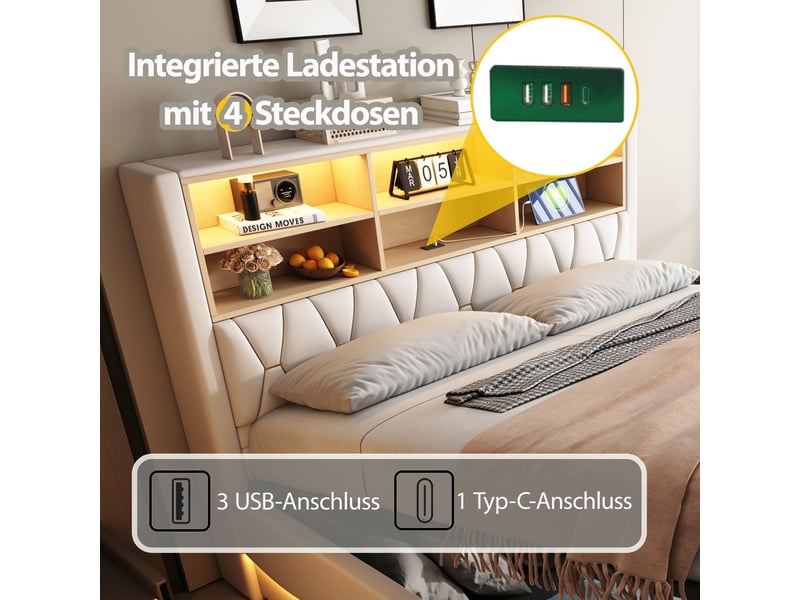  Lit capitonné 180x200, conception multifonction lit double, rangement hydraulique, led multicolore, sommier métal inclus  - Conforama D