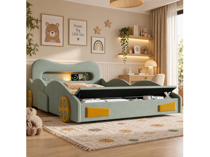 Lit avec rangement enfant 140x200 cm en velours vert, forme voiture avec liseuse - Conforama B