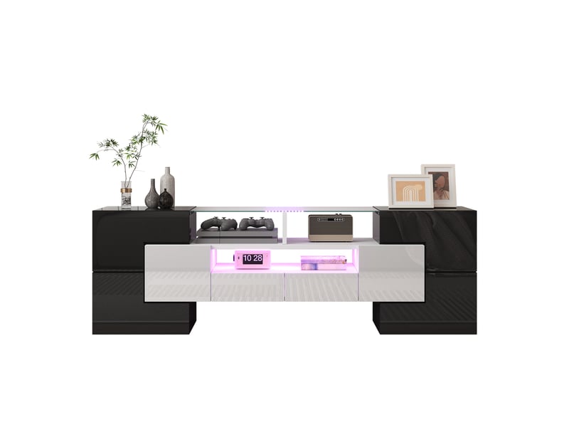  Meuble tv 145 cm, éclairage led multicolore, 6 portes 2 tiroirs, finition laquée en panneau de particules blanc et noir  - Conforama A