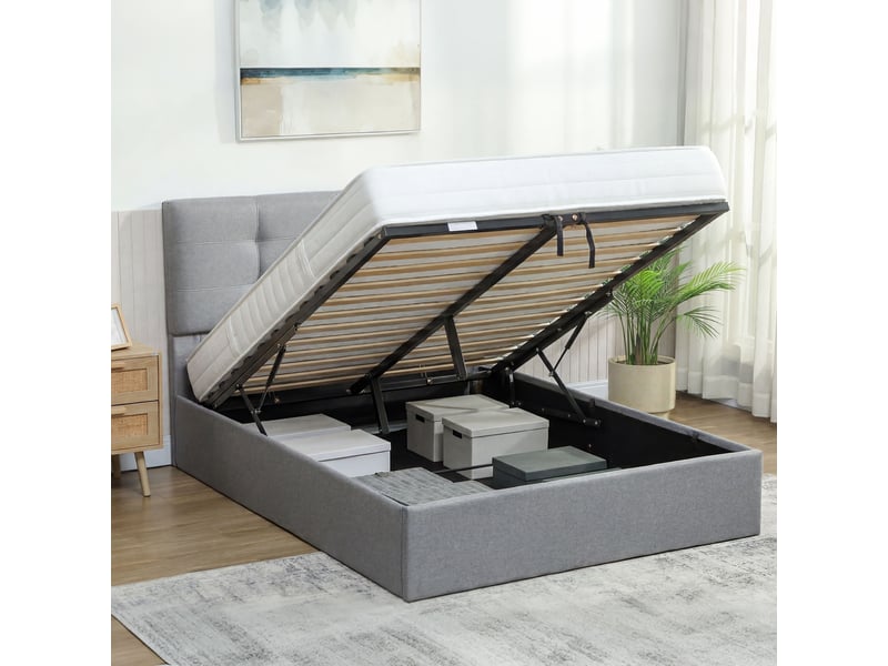 Lit coffre 140x190 capitonné gris avec tête de lit rembourrée et rangement sous sommier  - Conforama C