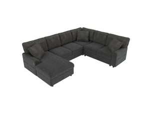 Canapé panoramique 6 places 249x196x83 cm en u avec chaise longue, accoudoirs à poches, usb type-c et 3 coussins, chenille et velours côtelé, noir
