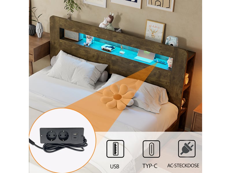 Lit coffre 140x200 cm, lit double, rangement hydraulique, bois, led - Conforama E