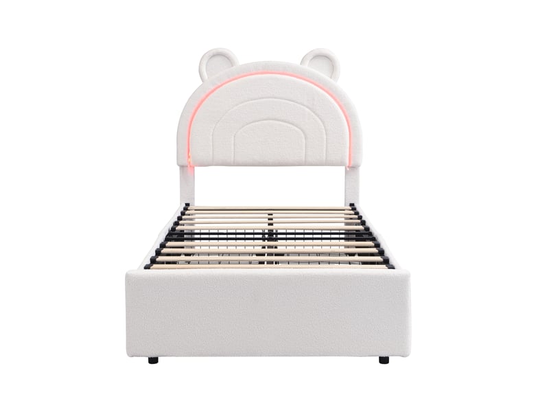 Lit enfant rembourré 90x200 cm beige, tête de lit ours, 4 tiroirs et led app - Conforama A