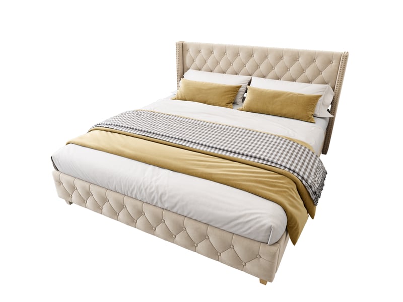  Lit rembourré tcqpz 160 x 200 cm avec sommier à lattes, tête de lit, velours beige clair  - Conforama A