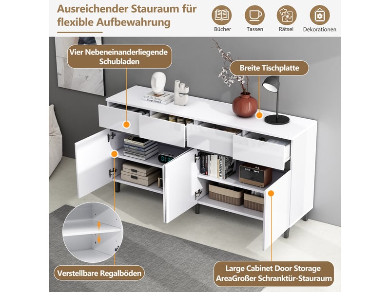  Buffet avec 2 portes, 4 tiroirs et étagères réglables pour salle à manger 160×40×68 cm blanc  - Conforama C