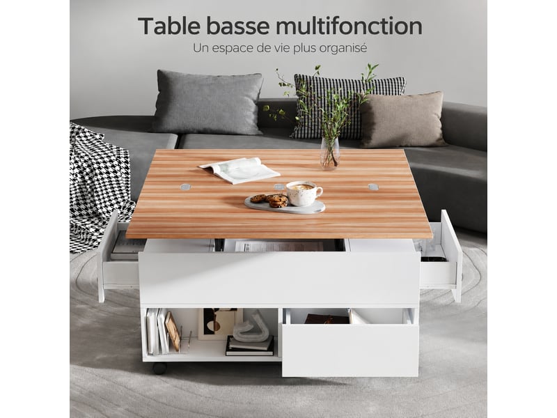 Table basse relevable et extensible, double plateau, 4 tiroirs, roulettes, blanc et effet chêne - Conforama C