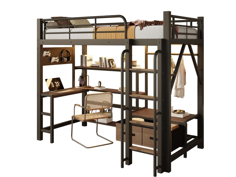 Lit mezzanine 90 × 200 cm avec bureau, étagères, tiroirs en tissu, led, usb et rangements pour chambre d’enfant - Conforama A