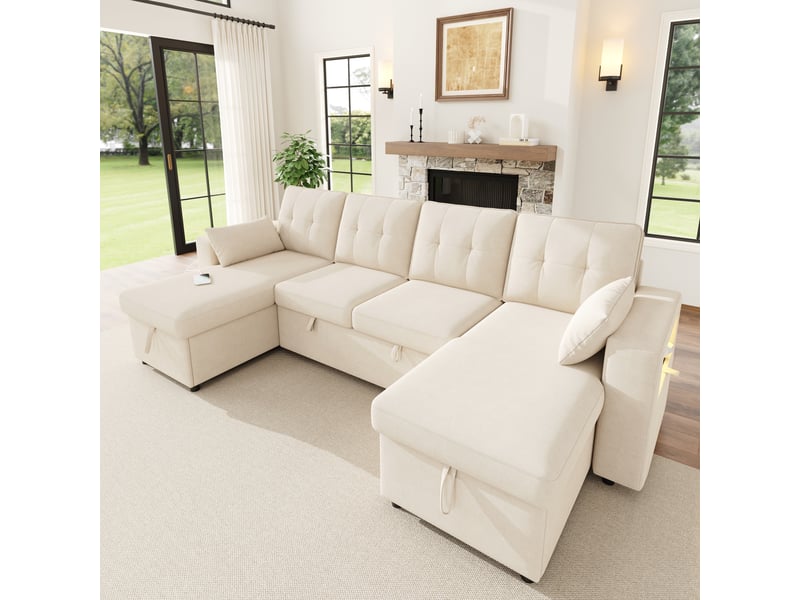  Canapé panoramique convertible en lit  273 cm, 4 places en u avec double méridienne, rangements, usbtype-c, éclairage led, 2 coussins, chenille, beige  - Conforama E