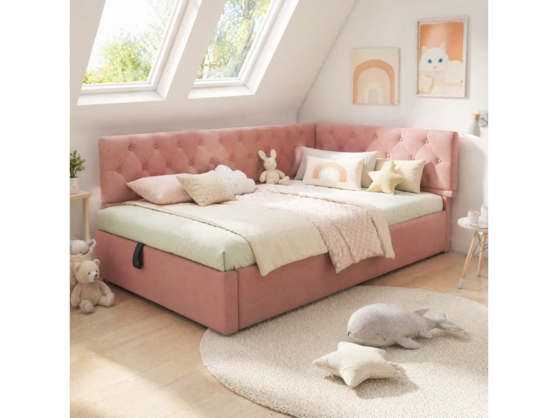  Lit banquette simple 90x200 cm en velours rose avec coffre hydraulique et dossier réversible, sans matelas  - Conforama B