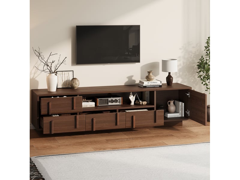  Meuble tv 180x40x45 cm avec 4 tiroirs et un porte en mdf, passage de câbles, couleur marron, design vintage  - Conforama D