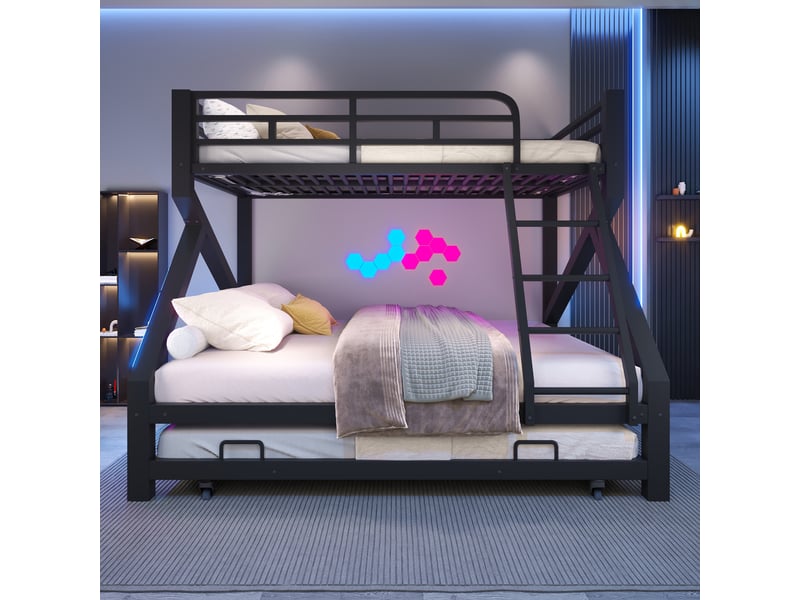  Lit superposé 90x200140x200 cm, 3 couchages avec lit gigogne 90x190 cm, led, garde-corps, échelle, métal et mdf noir, gain de place pour enfants  - Conforama C