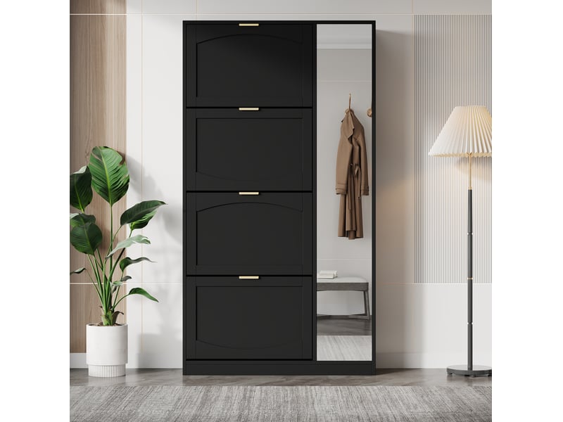  Meuble à chaussures avec miroir 80x24x147 cm, 4 abattants, noir, panneau de particules  - Conforama C