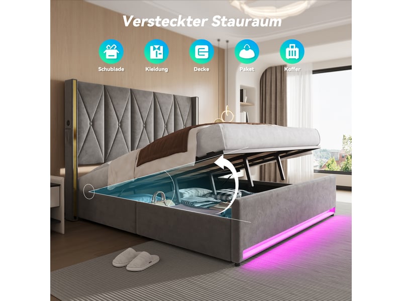  Lit coffre 180x200 cm, lit double, rangement hydraulique, led, port usb, velours gris foncé  - Conforama R