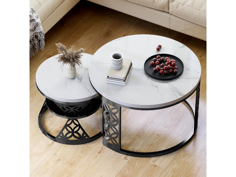 Lot de 2 tables basses noir + blanc avec plateau effet marbre  - Conforama B