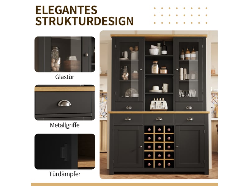  Armoire haute multifonctionnelle noire 120×40×185 cm - porte vitrée, 5 tiroirs, casier à vin amovible, fermeture amortie, anti-basculement  - Conforama R