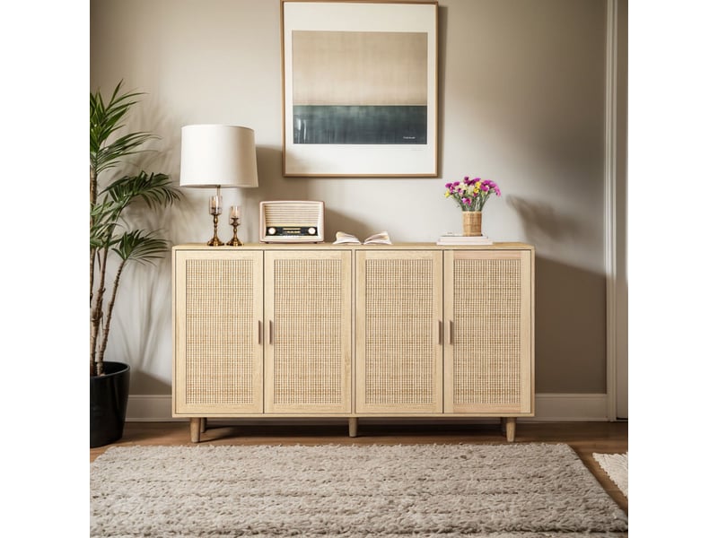  Buffet de décoration naturelle - insertions rotin, 4 portes - pour toute la maison  - Conforama E