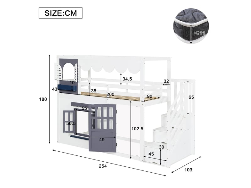  Lit mezzanine enfant 90x200 cm, forme maison, escalier avec rangement, porte et fenêtres, barrière de sécurité, pin et mdf, blanc et bleu OMNIGLINT TRADING LTD - Conforama C